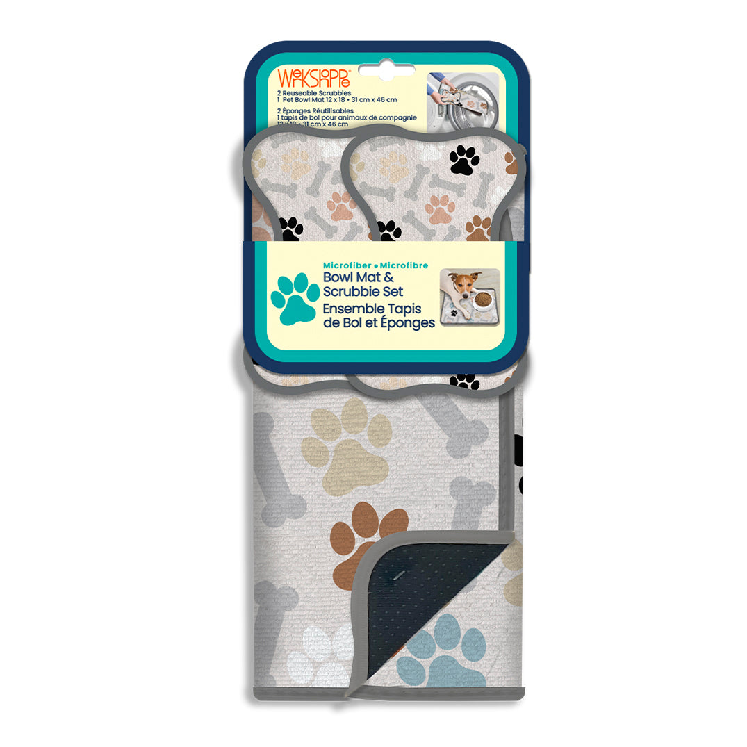 Dog Paws & Bone Bowl Mat & Scrubbie Set