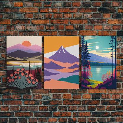 Minimalist Landscape Decor, 3 Piece Canvas Print, Framed Wall Art, Pacific Northwest Inspired Scandinavian Decor, Retro Style