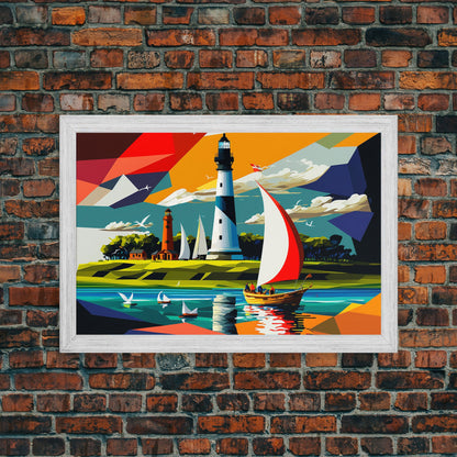 Sailboat and Lighthouse | Pop Art Style Painting Print | Framed Canvas Print | Colorful  Minimalist Art | Nautical Art
