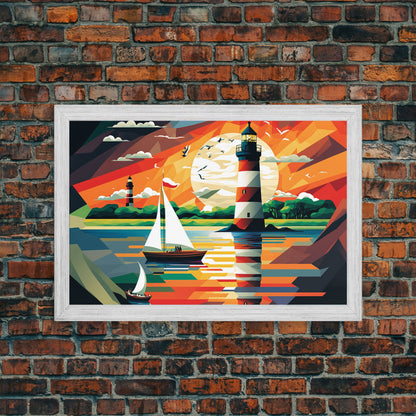 Sailboat and Lighthouse | WPAP Art Style Painting Print | Framed Canvas Print | Colorful Minimalist Art | Nautical Art | Pop Art