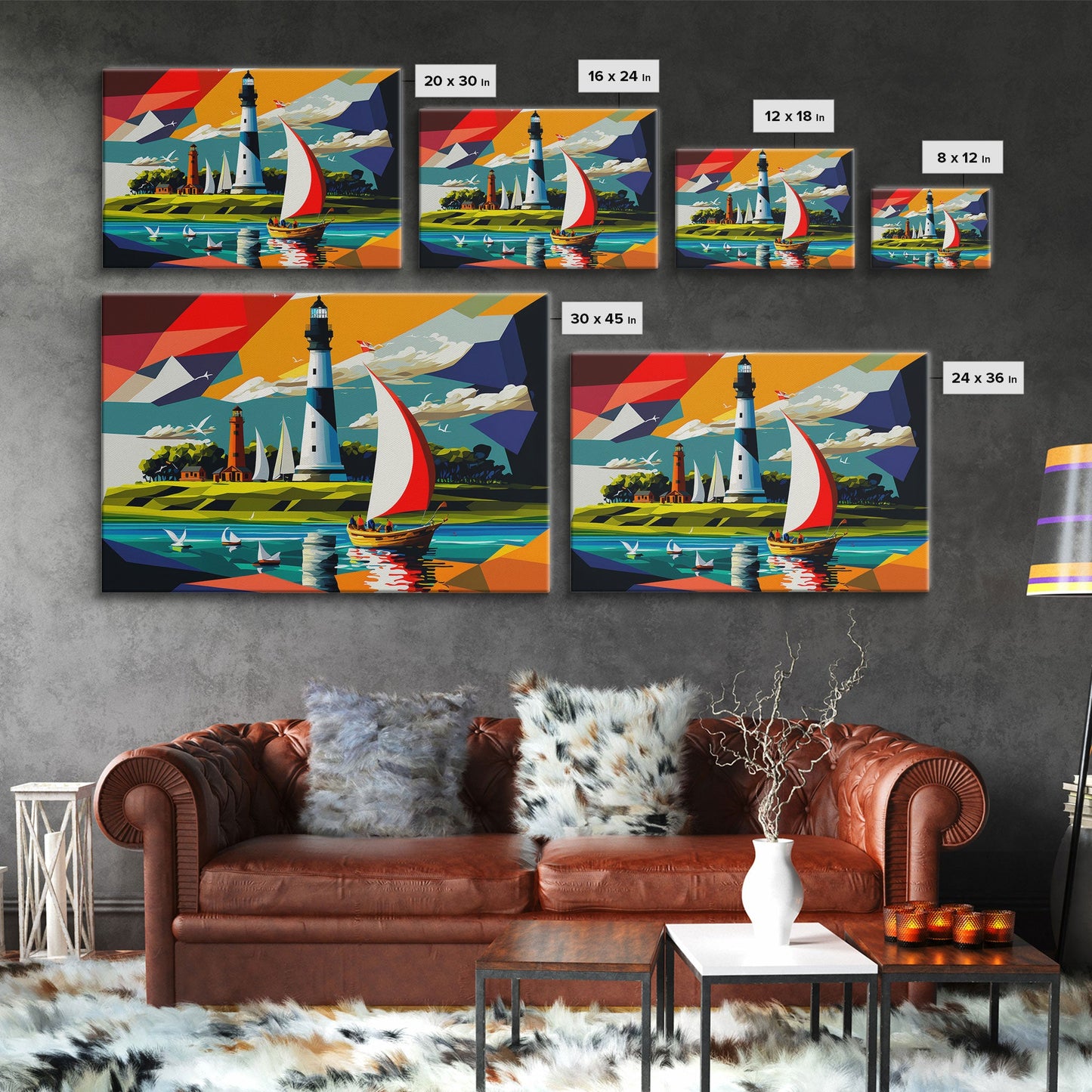 Sailboat and Lighthouse | Pop Art Style Painting Print | Framed Canvas Print | Colorful  Minimalist Art | Nautical Art