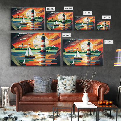 Sailboat and Lighthouse | WPAP Art Style Painting Print | Framed Canvas Print | Colorful Minimalist Art | Nautical Art | Pop Art