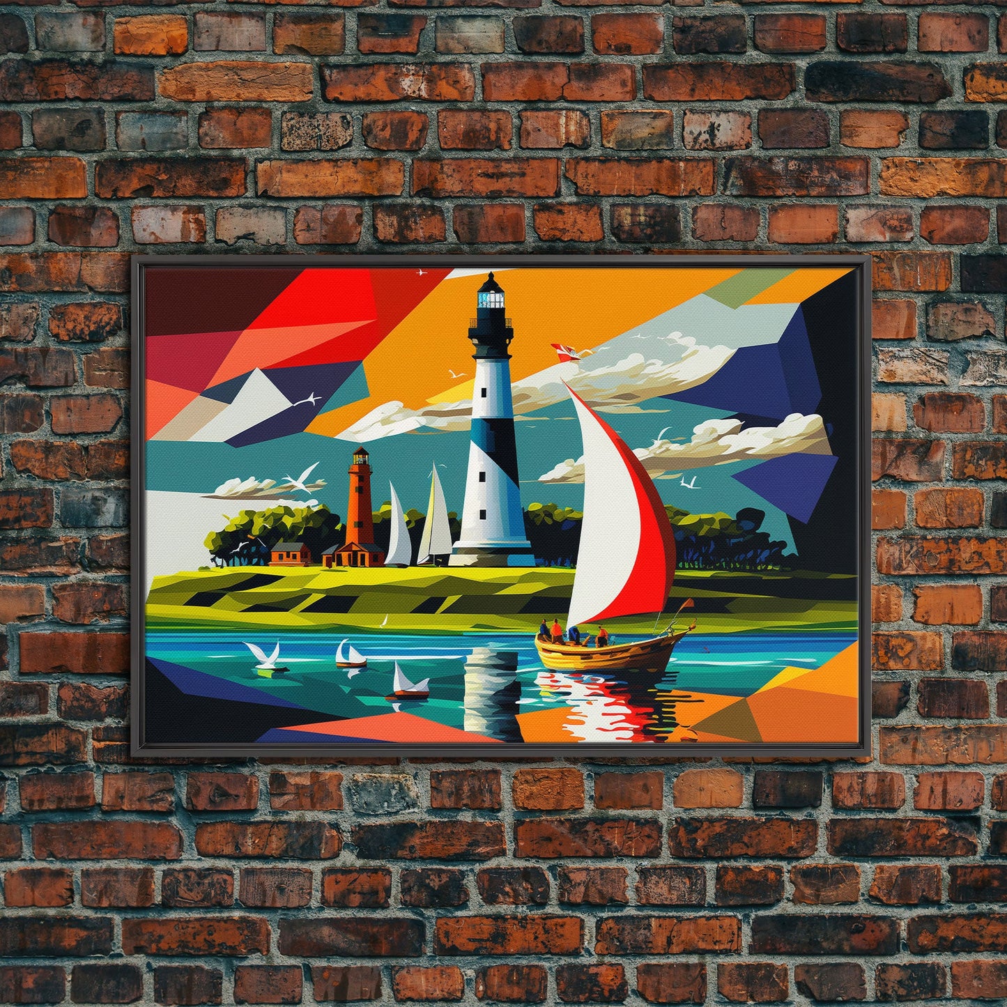 Sailboat and Lighthouse | Pop Art Style Painting Print | Framed Canvas Print | Colorful  Minimalist Art | Nautical Art