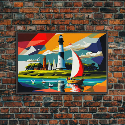 Sailboat and Lighthouse | Pop Art Style Painting Print | Framed Canvas Print | Colorful  Minimalist Art | Nautical Art