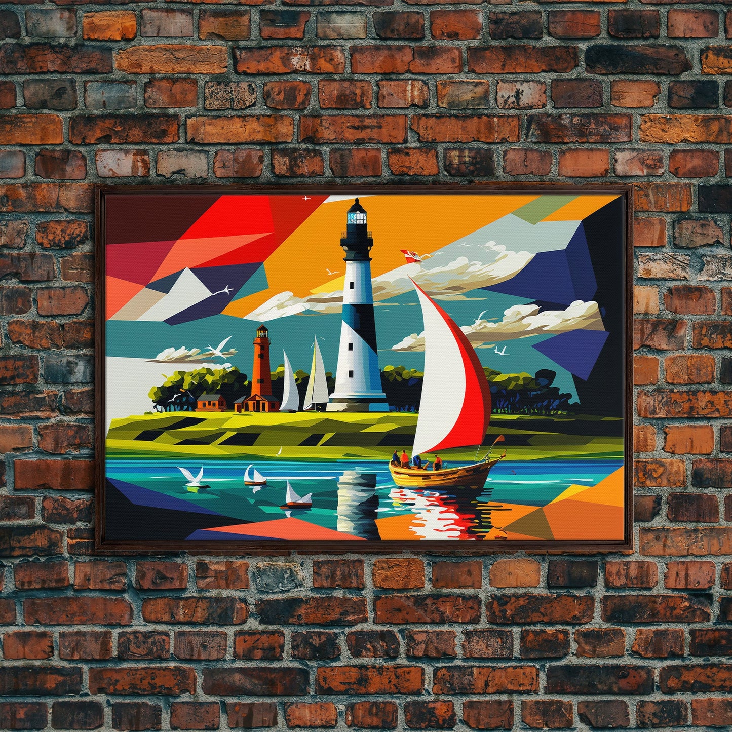 Sailboat and Lighthouse | Pop Art Style Painting Print | Framed Canvas Print | Colorful  Minimalist Art | Nautical Art