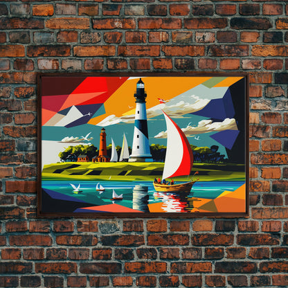 Sailboat and Lighthouse | Pop Art Style Painting Print | Framed Canvas Print | Colorful  Minimalist Art | Nautical Art