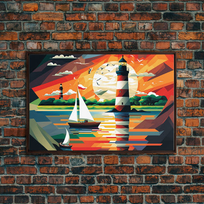 Sailboat and Lighthouse | WPAP Art Style Painting Print | Framed Canvas Print | Colorful Minimalist Art | Nautical Art | Pop Art