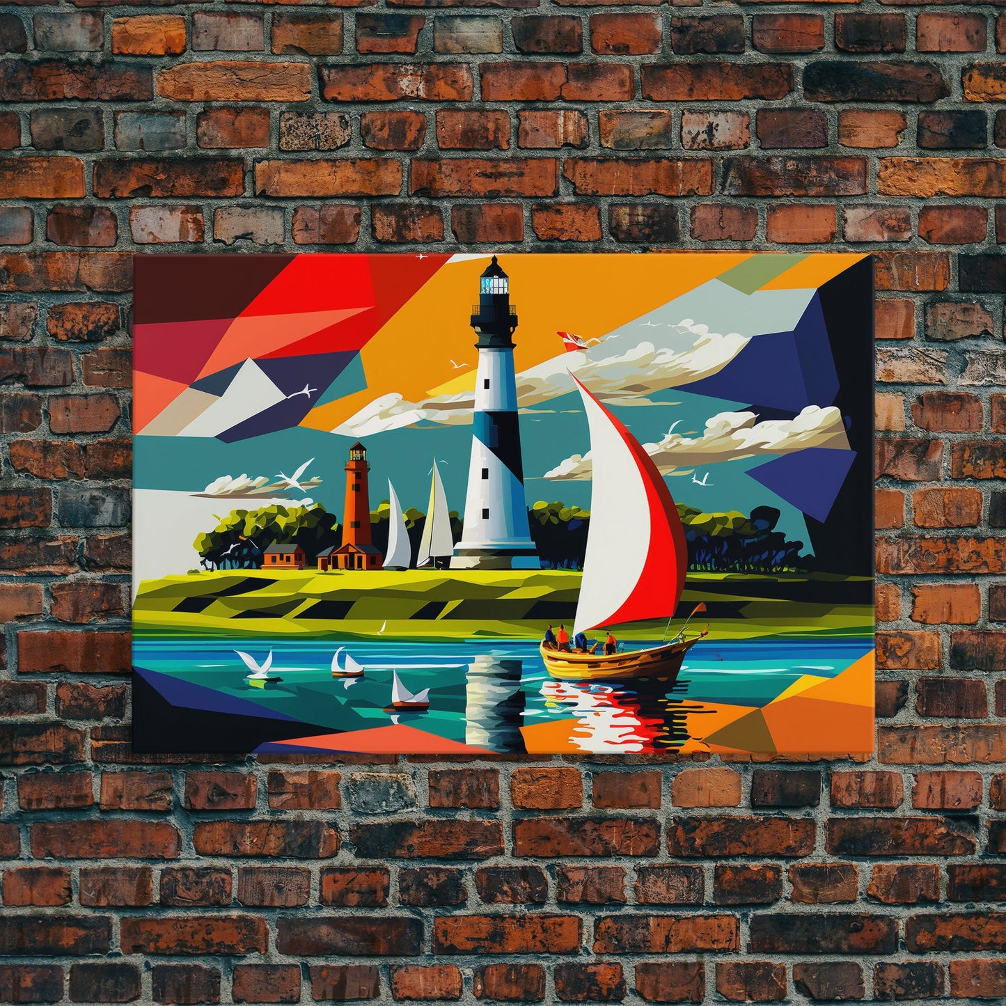 Sailboat and Lighthouse | Pop Art Style Painting Print | Framed Canvas Print | Colorful  Minimalist Art | Nautical Art