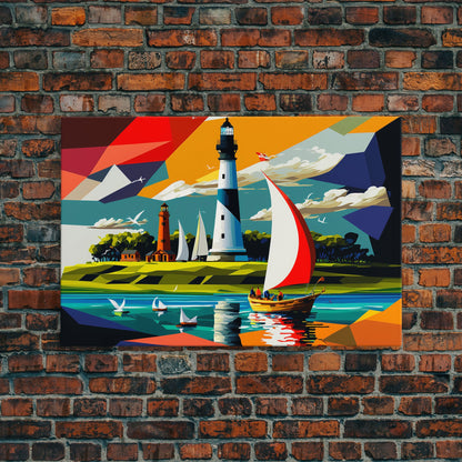 Sailboat and Lighthouse | Pop Art Style Painting Print | Framed Canvas Print | Colorful  Minimalist Art | Nautical Art