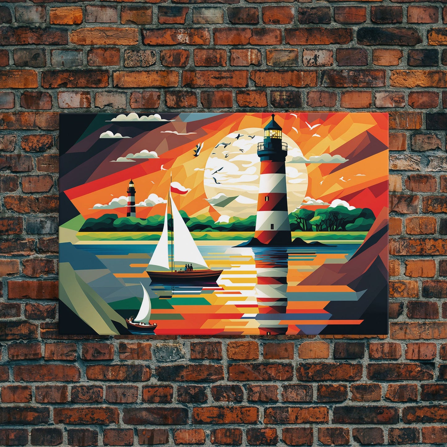 Sailboat and Lighthouse | WPAP Art Style Painting Print | Framed Canvas Print | Colorful Minimalist Art | Nautical Art | Pop Art