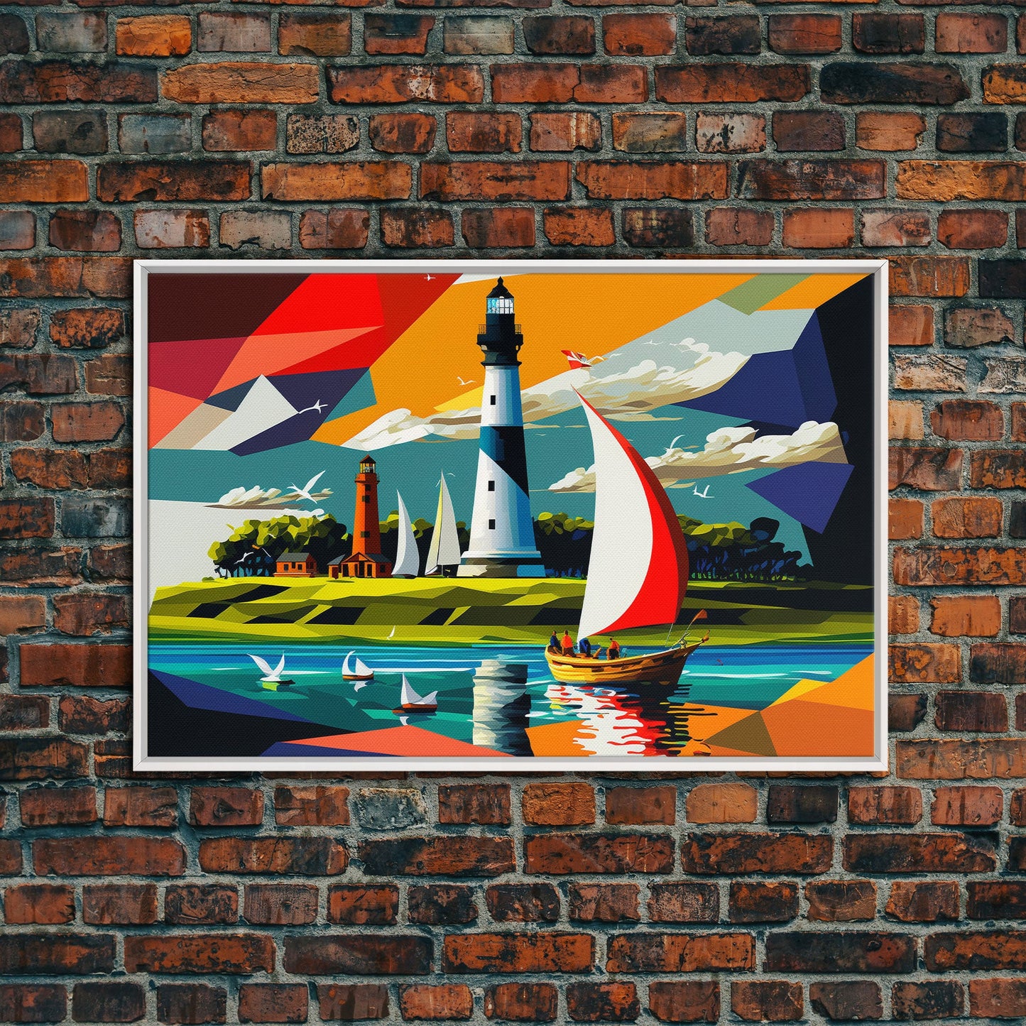 Sailboat and Lighthouse | Pop Art Style Painting Print | Framed Canvas Print | Colorful  Minimalist Art | Nautical Art