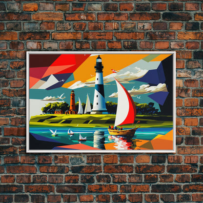 Sailboat and Lighthouse | Pop Art Style Painting Print | Framed Canvas Print | Colorful  Minimalist Art | Nautical Art
