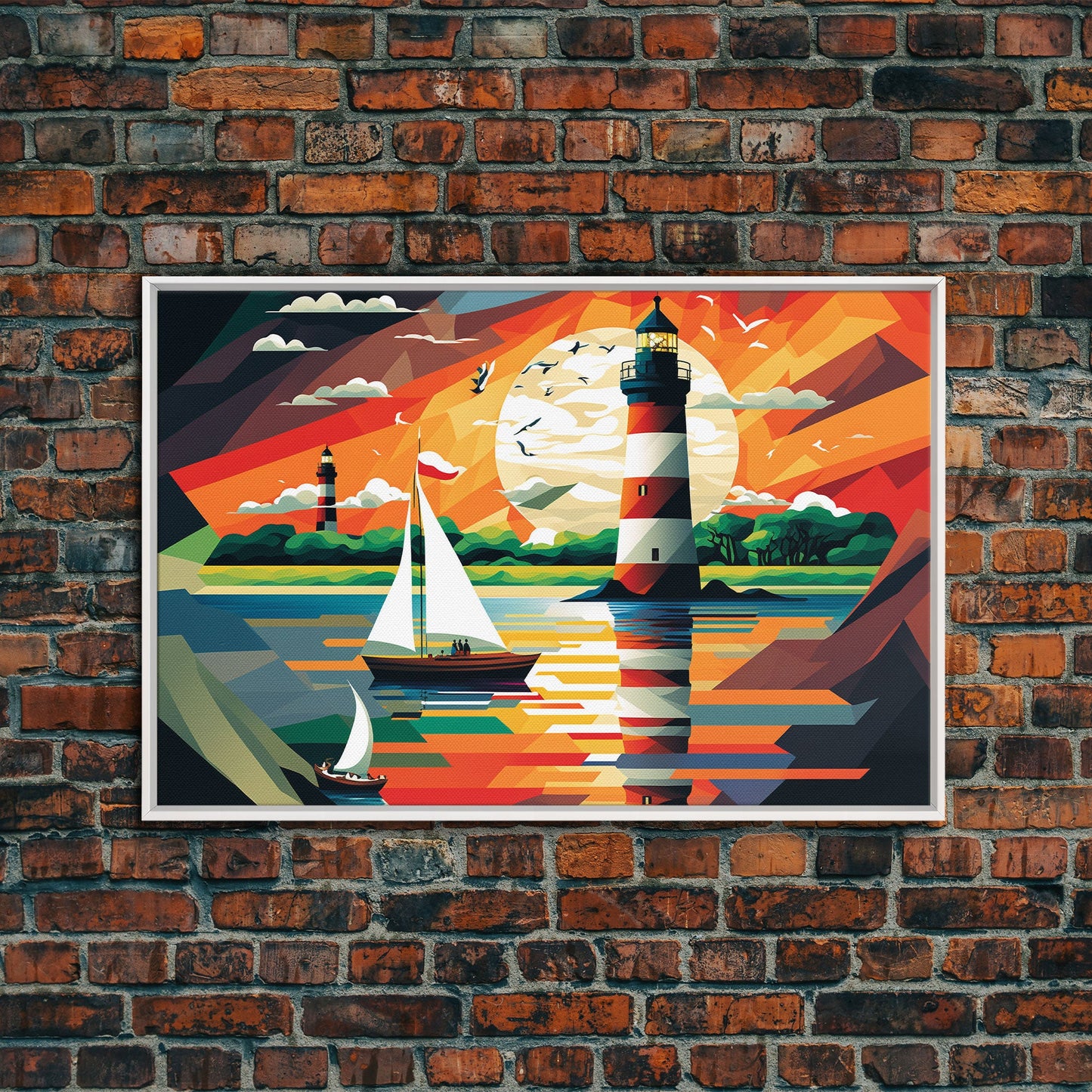 Sailboat and Lighthouse | WPAP Art Style Painting Print | Framed Canvas Print | Colorful Minimalist Art | Nautical Art | Pop Art