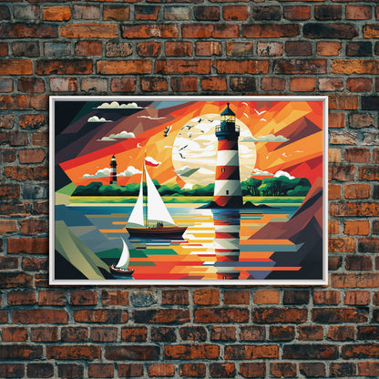 Sailboat and Lighthouse | WPAP Art Style Painting Print | Framed Canvas Print | Colorful Minimalist Art | Nautical Art | Pop Art