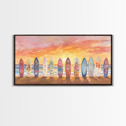 Vibrant Sunset Beach Art Surfboard Canvas Print Tropical Beach Wall Art Framed Canvas Print Fall Beach Scene Autumn Surfboard Decor
