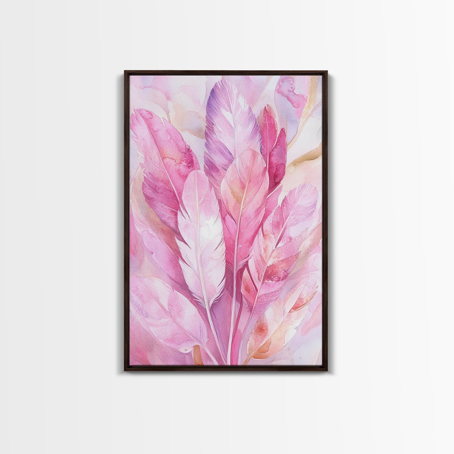 Feather Bouquet Framed Canvas Print, Light Pink Wall Art, Boho Aesthetic Minimalist Art, Bedroom or Office Decor, Romantic Nature Gift Idea