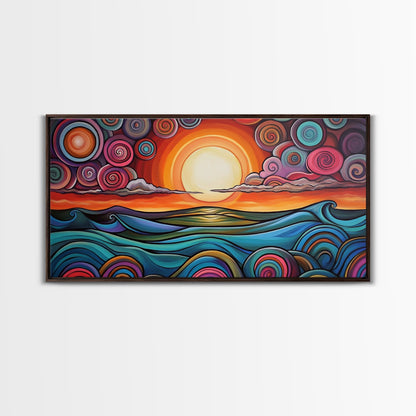 Sunset Waves, Canvas Print, surf wall art, geometric wall art, pink orange wall art, colorful abstract art, extra wide art, boho art