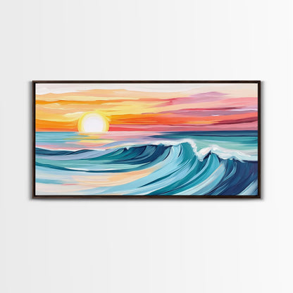 Sunset Wave, Surf Art, Coastal Painting, Nautical Wall Art, Ocean Art, Horizontal Wall Art, Framed Canvas Print, Beach Decor