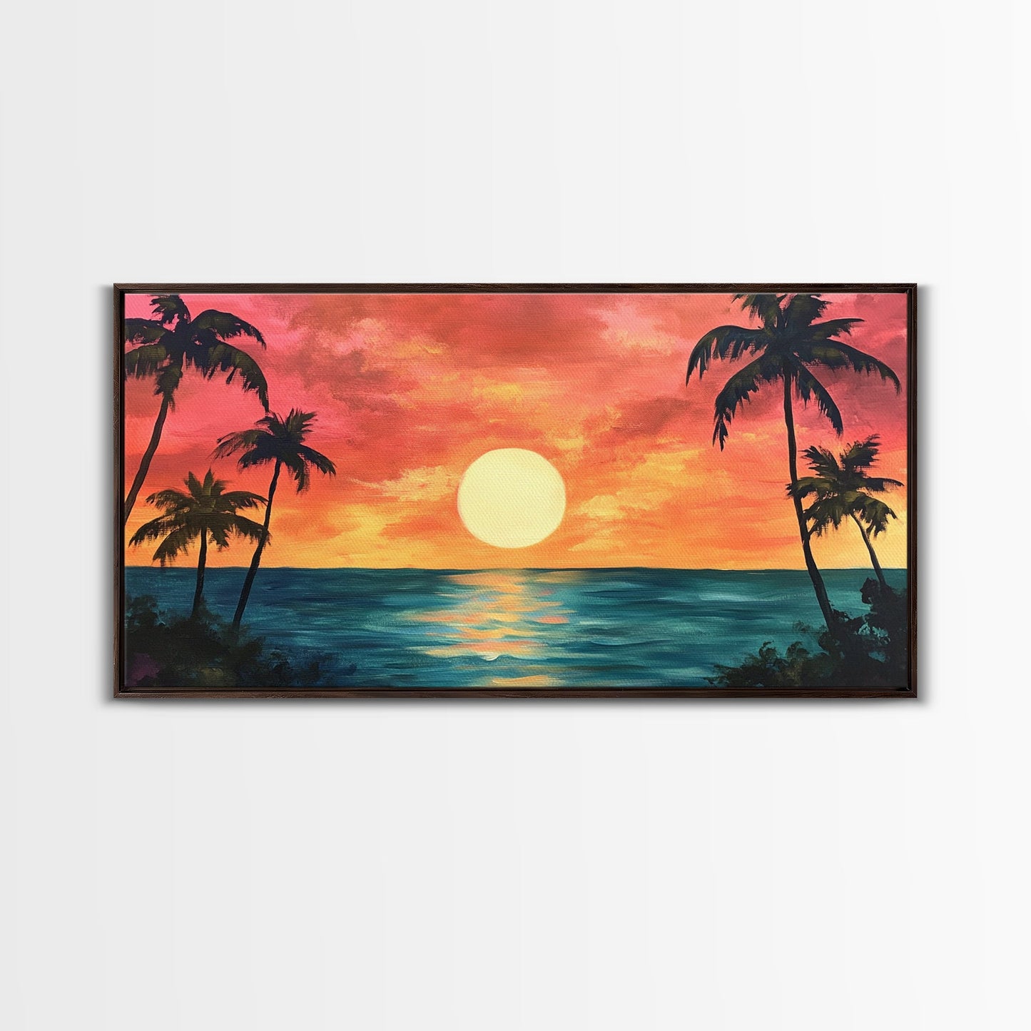 Tropical Sunset, Palm Tree Art, Coastal Cowgirl Wall Art, Hawaii Art, Ocean Landscape, Horizontal Wall Art, Framed Canvas Print
