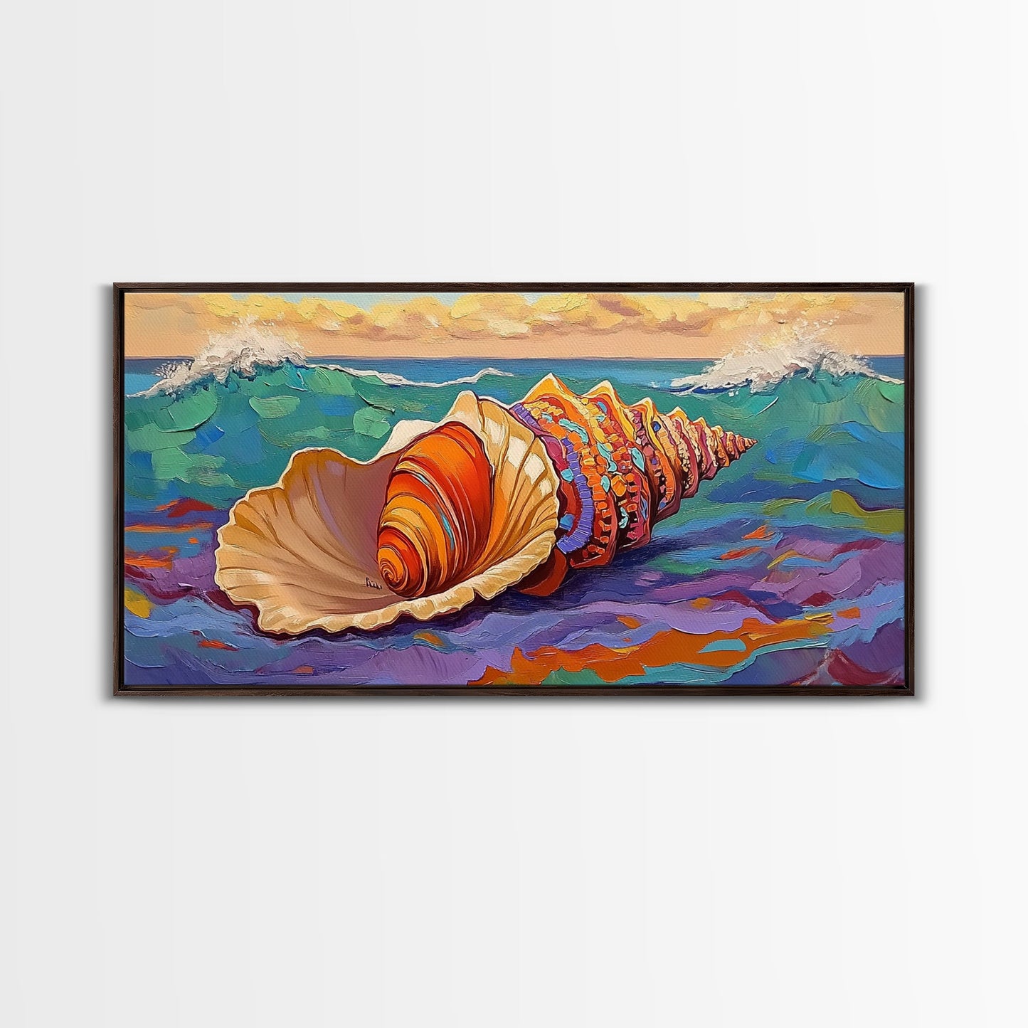 Seashell Ocean, Beach, Canvas Print, Nautical Bathroom Wall Art, Coastal Shell Decor, Vibrant Marine Painting, Seaside Home Style