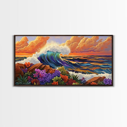 Ocean Wave, Flowers, Sunset, Framed Canvas Print, tropical seascape wall art, boho coastal decor, bathroomart, beach house piece