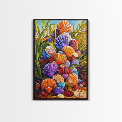 Rainbow Seashells, Coastal Treasures, Ocean Shell Art, Beach Decor, Framed Canvas Print, Bathroom Wall Art, Nautical Boho Art