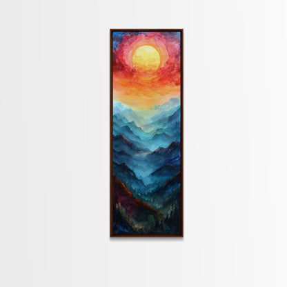 Majestic Sunrise Over Mountain Range Boho Sunset Landscape Framed Canvas Print Tall Art Japanese Style Art