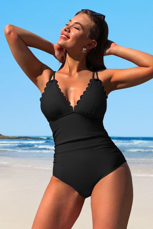Scalloped V-Neck Monokini Swimsuit