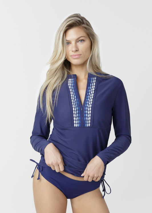Navy Embroidered Convertible Ruched Rashguard