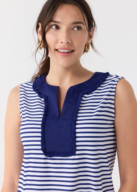Navy Stripe Sleeveless Fringe Tunic Dress