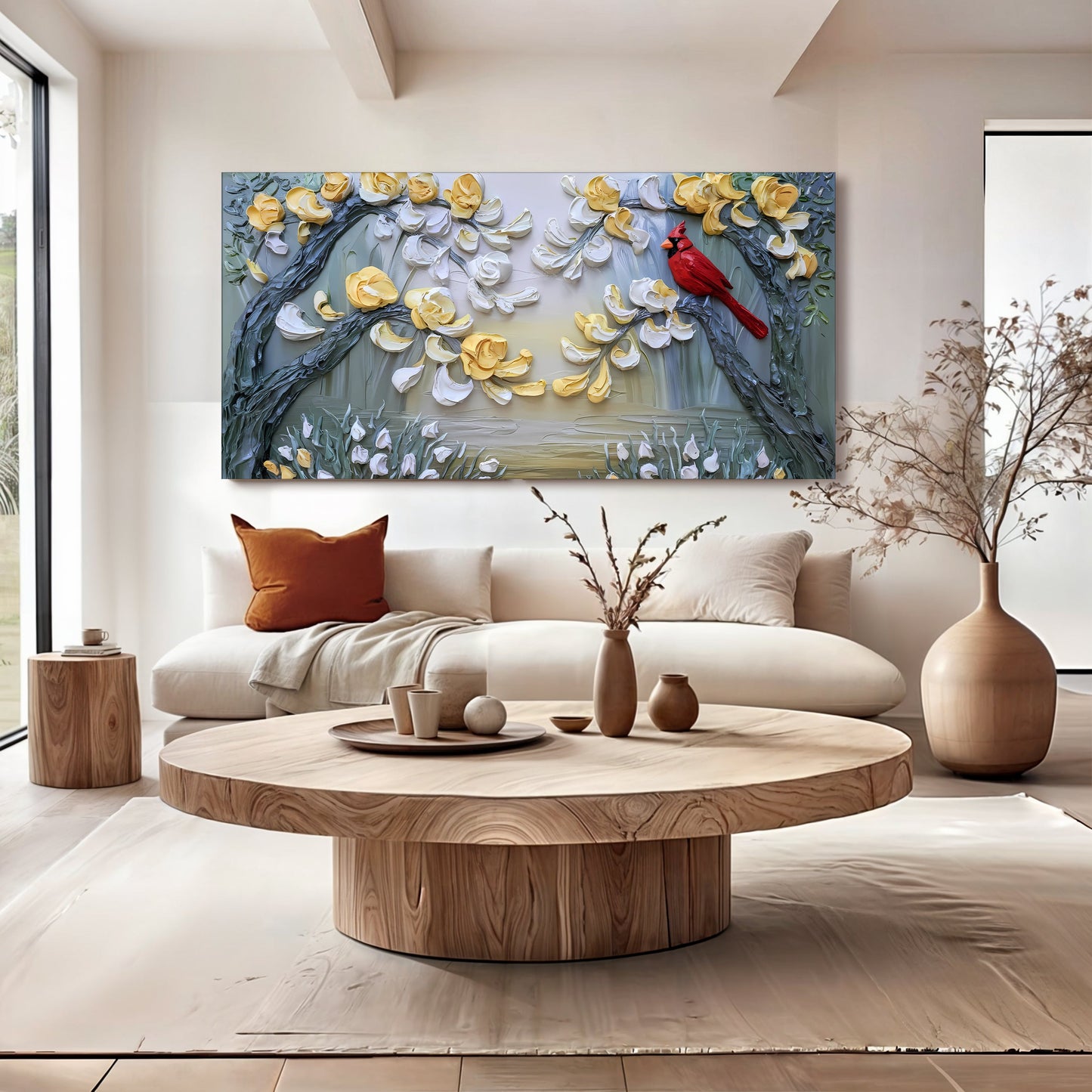 Golden Petals and Scarlet Wings Impasto Wall Art