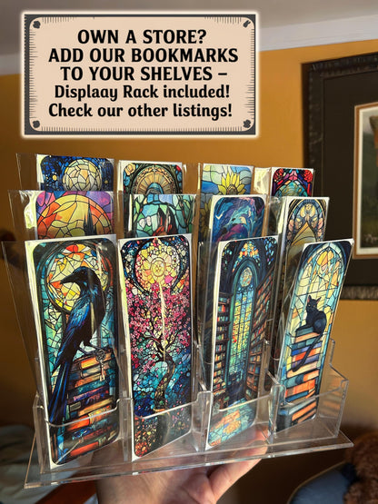 Stained Glass Ocean Waves Bookmark with Fiery Sunset and Cool Blue Sea – Calming Coastal Art for Mindfulness, Therapy, and Book Lovers