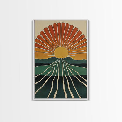 Minimalist Sunset or Sunrise Wall Art Canvas Print, Art Deco Boho Wall Decor, Modern Art, Sun Burst Wall Art
