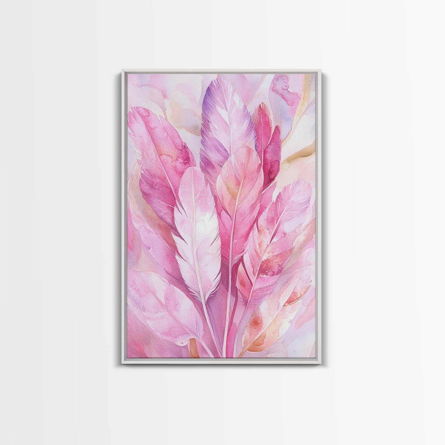 Feather Bouquet Framed Canvas Print, Light Pink Wall Art, Boho Aesthetic Minimalist Art, Bedroom or Office Decor, Romantic Nature Gift Idea