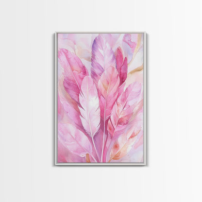 Feather Bouquet Framed Canvas Print, Light Pink Wall Art, Boho Aesthetic Minimalist Art, Bedroom or Office Decor, Romantic Nature Gift Idea