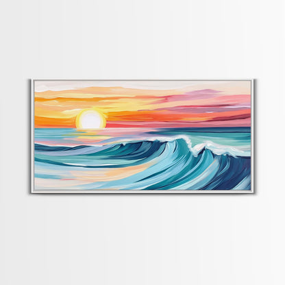 Sunset Wave, Surf Art, Coastal Painting, Nautical Wall Art, Ocean Art, Horizontal Wall Art, Framed Canvas Print, Beach Decor