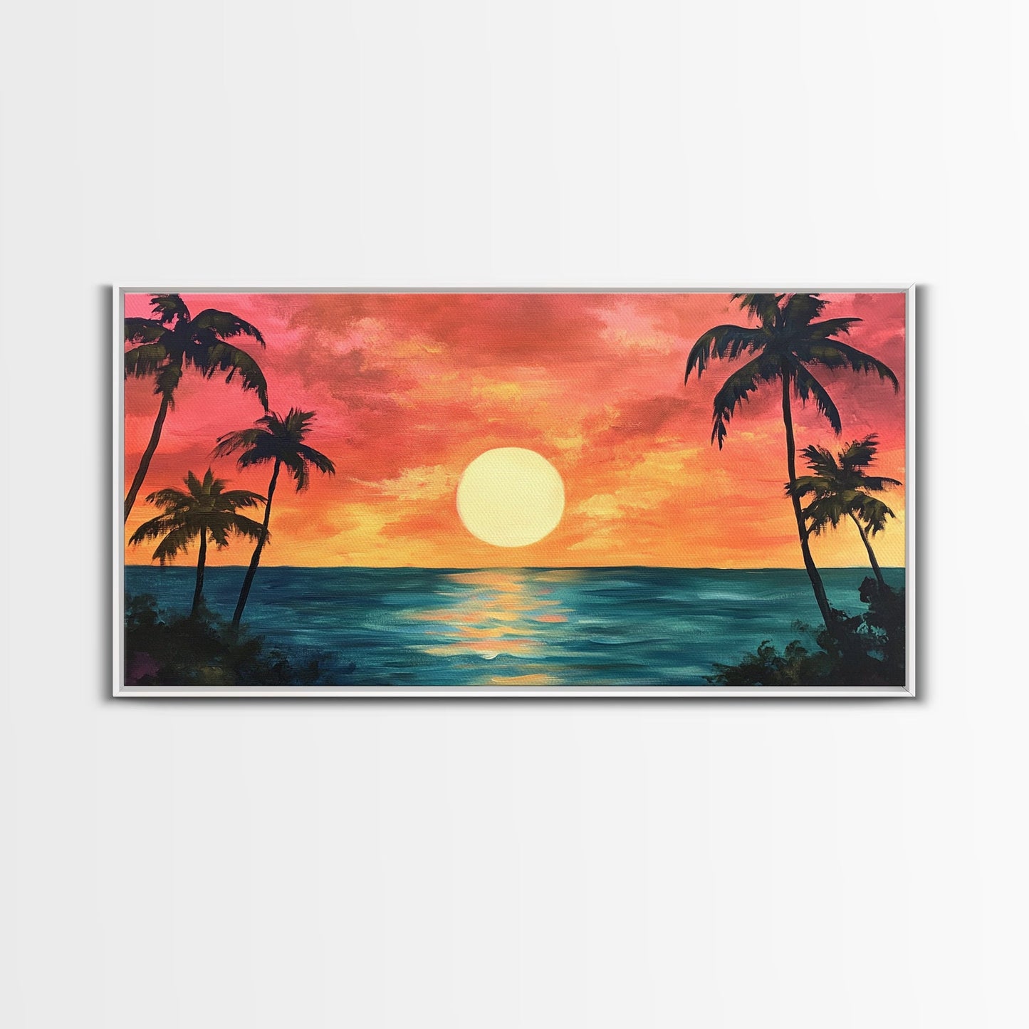 Tropical Sunset, Palm Tree Art, Coastal Cowgirl Wall Art, Hawaii Art, Ocean Landscape, Horizontal Wall Art, Framed Canvas Print