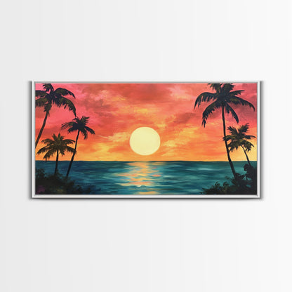 Tropical Sunset, Palm Tree Art, Coastal Cowgirl Wall Art, Hawaii Art, Ocean Landscape, Horizontal Wall Art, Framed Canvas Print