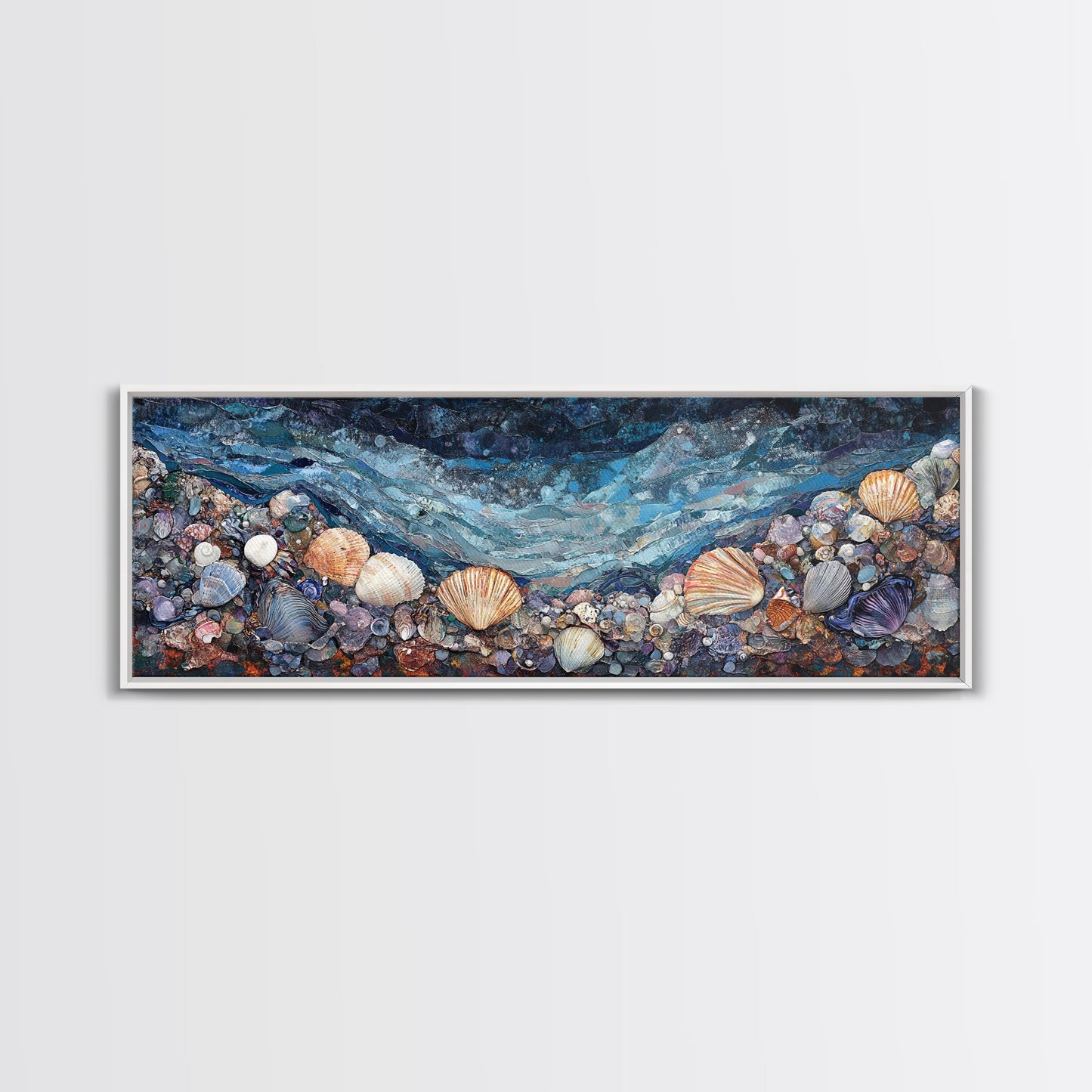 Seashell Beach Framed Canvas Print Coastal Wall Art, Ocean Inspired Artwork, Textured Nautical Painting, Tropical Home Decor