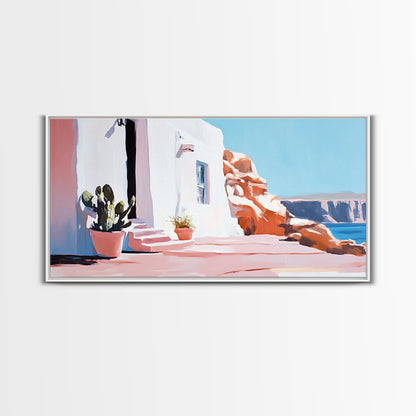 Cliffside House, Mediterranean Wall Art, Travel Print, Santorini Inspired Decor, Minimalist Aesthetic, Framed Canvas Print, Living Room