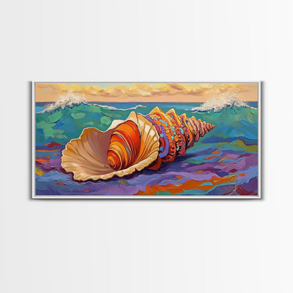 Seashell Ocean, Beach, Canvas Print, Nautical Bathroom Wall Art, Coastal Shell Decor, Vibrant Marine Painting, Seaside Home Style