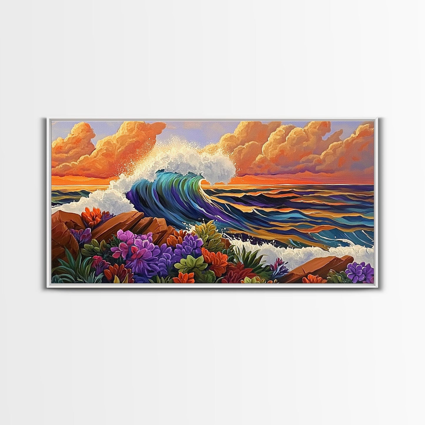 Ocean Wave, Flowers, Sunset, Framed Canvas Print, tropical seascape wall art, boho coastal decor, bathroomart, beach house piece