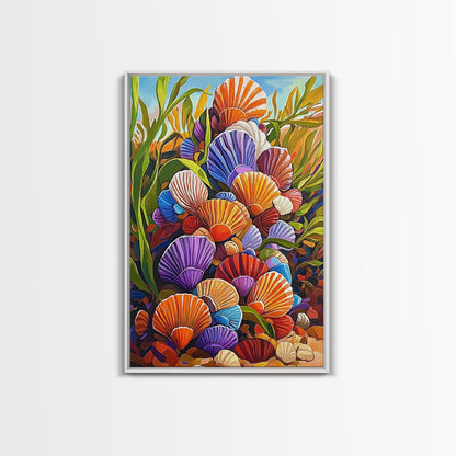 Rainbow Seashells, Coastal Treasures, Ocean Shell Art, Beach Decor, Framed Canvas Print, Bathroom Wall Art, Nautical Boho Art