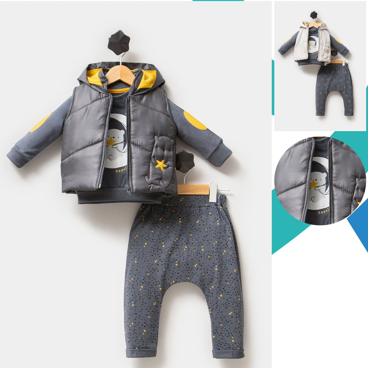 Baby Puffer Vest Set | Hooded Top & Star Print Pants