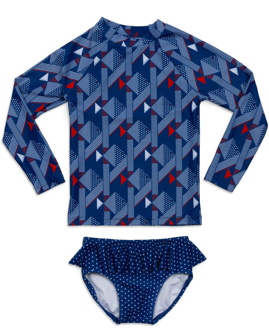 Patriotic Fish Girls Long Sleeve Sun Shirt and Skirted Swim Set