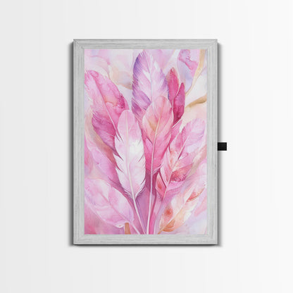Feather Bouquet Framed Canvas Print, Light Pink Wall Art, Boho Aesthetic Minimalist Art, Bedroom or Office Decor, Romantic Nature Gift Idea
