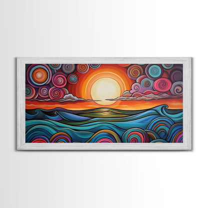 Sunset Waves, Canvas Print, surf wall art, geometric wall art, pink orange wall art, colorful abstract art, extra wide art, boho art