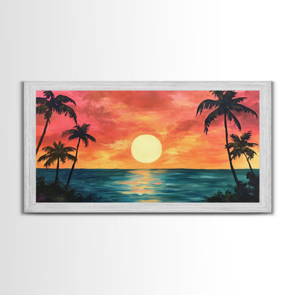 Tropical Sunset, Palm Tree Art, Coastal Cowgirl Wall Art, Hawaii Art, Ocean Landscape, Horizontal Wall Art, Framed Canvas Print