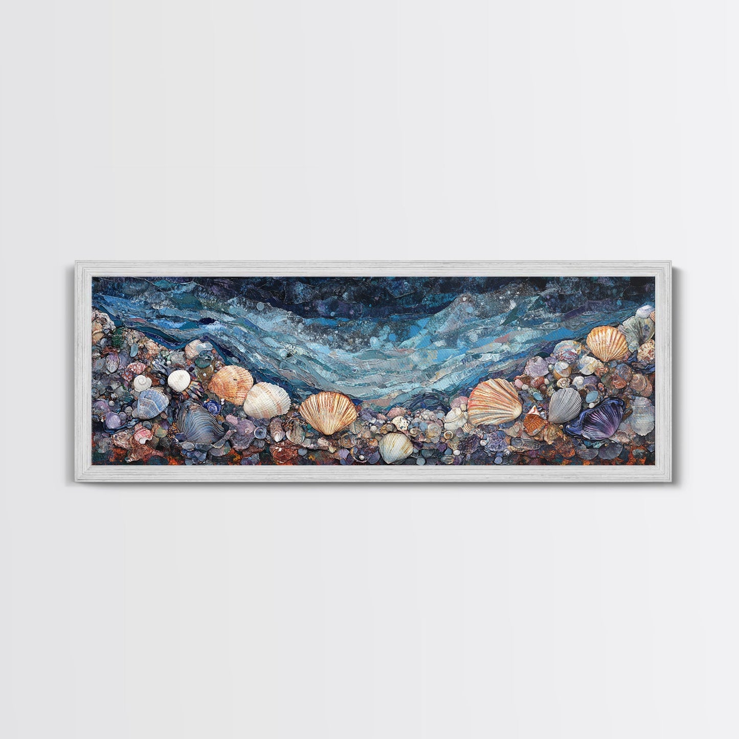 Seashell Beach Framed Canvas Print Coastal Wall Art, Ocean Inspired Artwork, Textured Nautical Painting, Tropical Home Decor