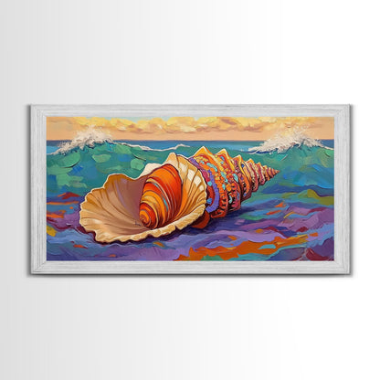Seashell Ocean, Beach, Canvas Print, Nautical Bathroom Wall Art, Coastal Shell Decor, Vibrant Marine Painting, Seaside Home Style